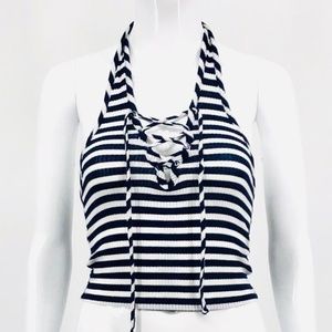 NWT UO White & Blue Lace Tie Halter Top - Stretchy